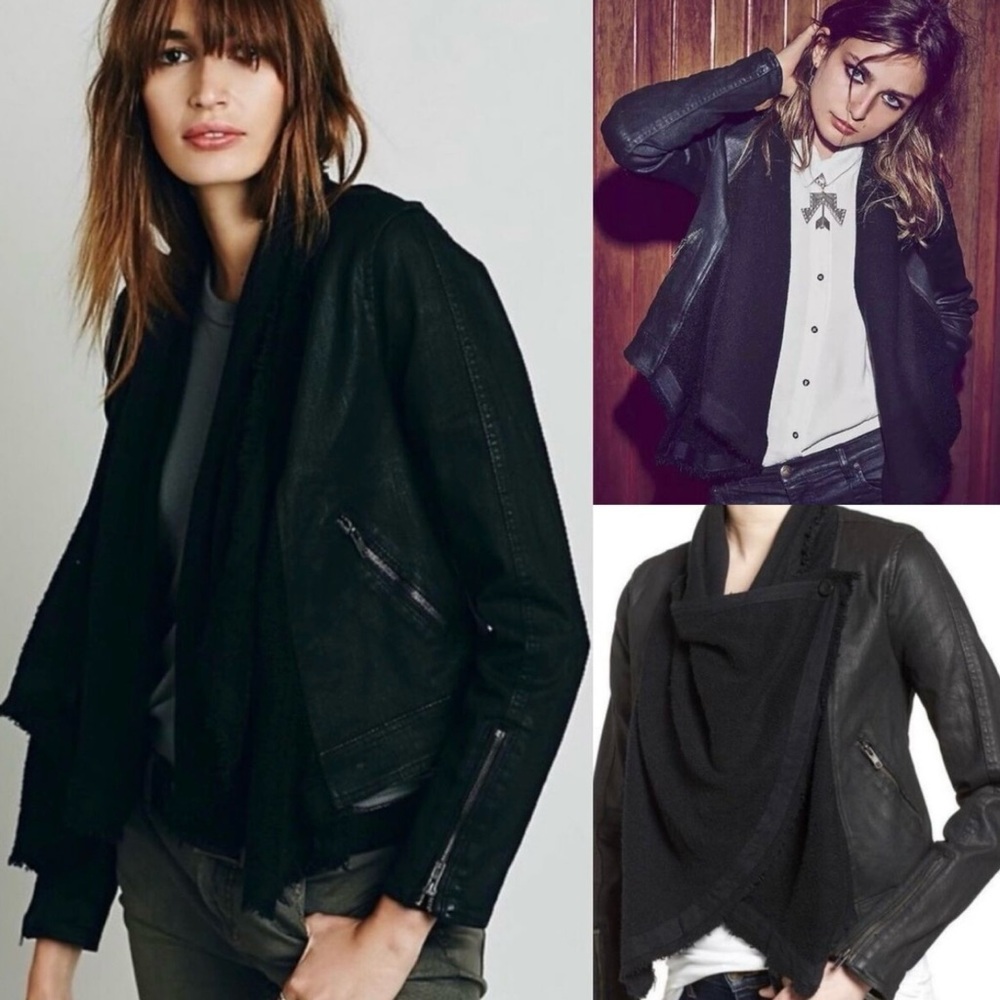 Free People NWT Denim Boho Moto Jacket Scarf Trim Size 12